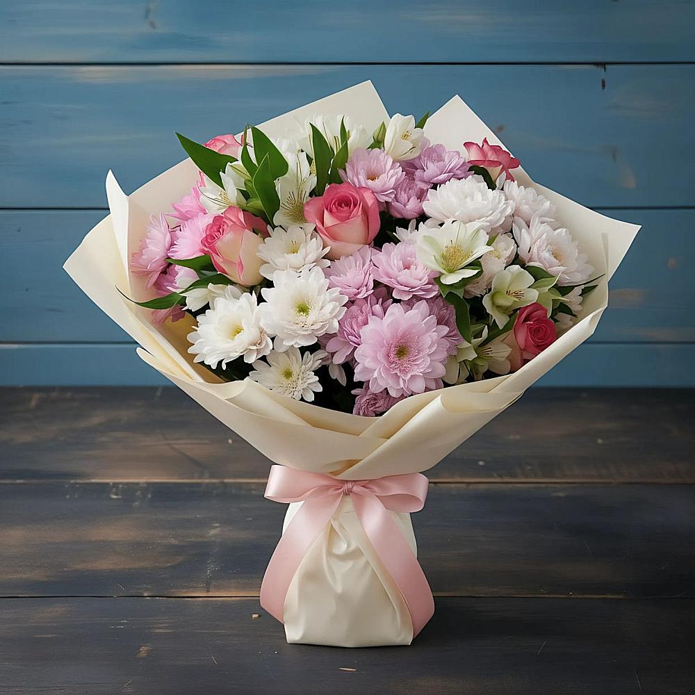 Букет цветов из: Хризантемы, Альстромерии и Розы в Давыдовке